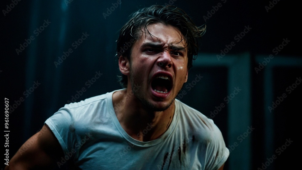 A close up expressive portrait of a crying handsome angry young man screaming at night under the rain. Dramatic anger agression emotive photo illustration concept. A close up expressive portrait of a crying handsome angry young man screaming at night under the rain. Dramatic anger agression emotive photo illustration concept.