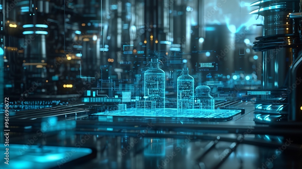 Futuristic laboratory with digital holograms and glowing equipment at night Futuristic laboratory with digital holograms and glowing equipment at night