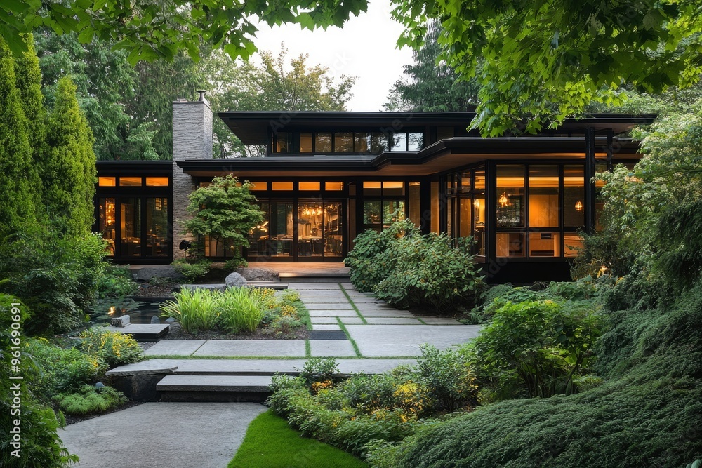 a Spacious contemporary house with lush greenery surrounding it , ai a Spacious contemporary house with lush greenery surrounding it , ai