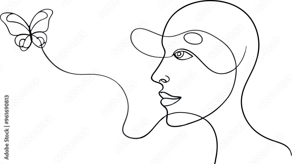 Abstract face with butterfly one line drawing. Portrait minimalistic style. Surreal Faces Continuous line, drawing of set faces and hairstyle, fashion concept, woman beauty Abstract face with butterfly one line drawing. Portrait minimalistic style. Surreal Faces Continuous line, drawing of set faces and hairstyle, fashion concept, woman beauty