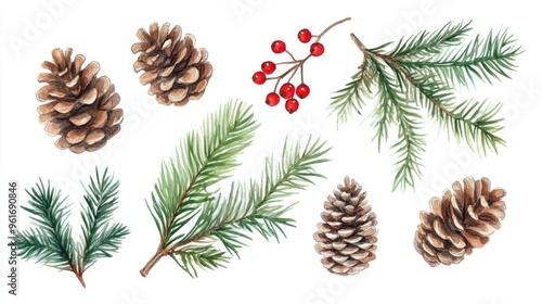 Charming Watercolor Illustration of Pine Cones and Evergreen Branches for Holiday Decor