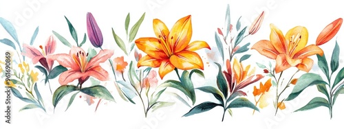 Beautiful Watercolor Floral Illustration Featuring Vibrant Lilies and Lush Greenery