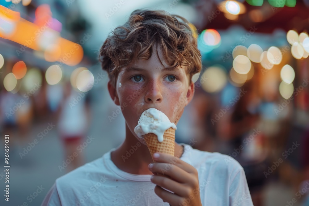 Ice cream brings a big smile to this child's face. Friendly boy enjoys carefree day urban environment. Natural innocence and happiness radiating from genuine smile. Ice cream brings a big smile to this child's face. Friendly boy enjoys carefree day urban environment. Natural innocence and happiness radiating from genuine smile.