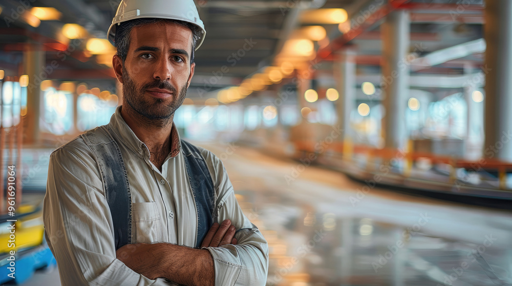 A modern Arabic male construction engineer standing in the indoor go kart race track under construction. Generative AI. A modern Arabic male construction engineer standing in the indoor go kart race track under construction. Generative AI.