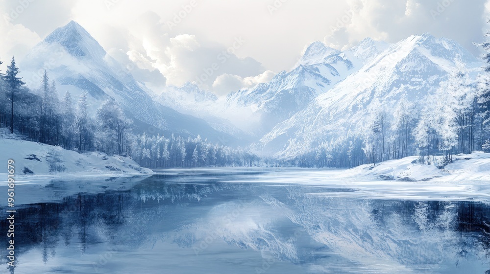 Icy lake with snow-covered mountains in the background, representing the cold beauty of winter.