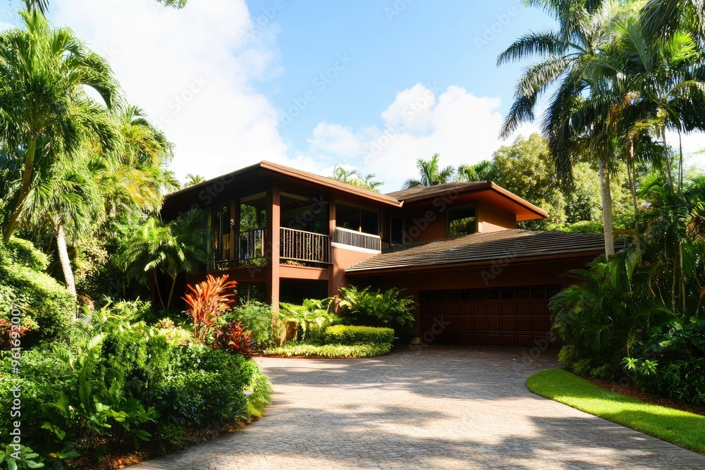 Fototapeta premium a Spacious contemporary house with lush greenery surrounding it , ai