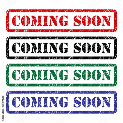 Set of coming soon stamp symbol, label sticker sign button, text banner vector illustration