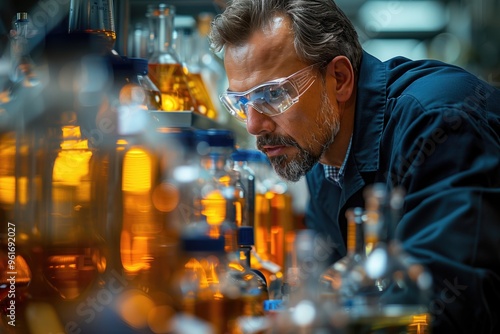 Wallpaper Mural A scientist using a microscope to study samples, with colorful chemical solutions in the background Torontodigital.ca