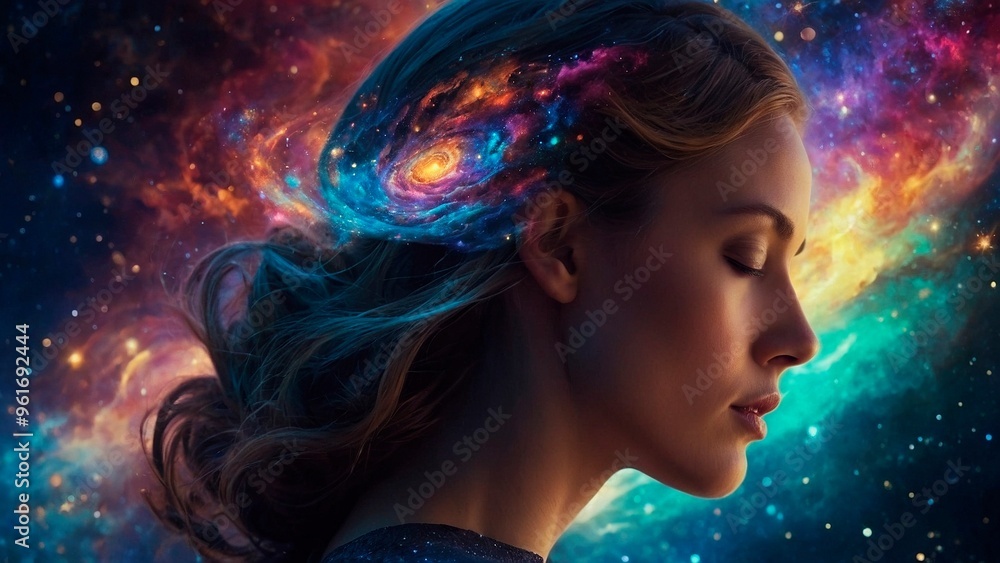 A sensual closeup portrait of a beautiful pensive woman model with closed eyes surrounded by vibrant nebulas and galaxies. Medium clairoyant magic photo illustration concept. A sensual closeup portrait of a beautiful pensive woman model with closed eyes surrounded by vibrant nebulas and galaxies. Medium clairoyant magic photo illustration concept.