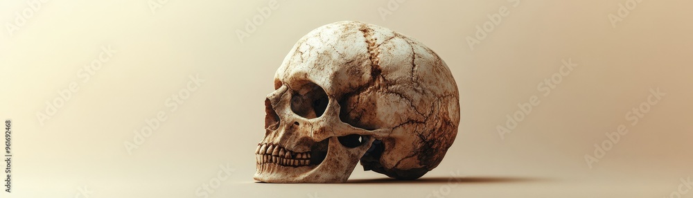 Skull in hyper-realistic 3D, showing signs of bone decay and wear, placed on a clean beige backdrop Skull in hyper-realistic 3D, showing signs of bone decay and wear, placed on a clean beige backdrop