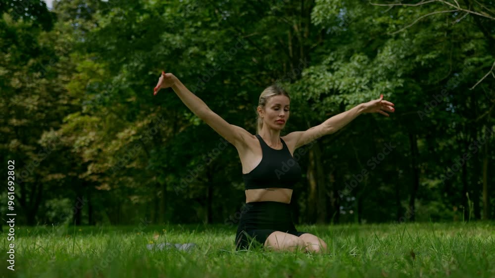 young woman with blond hair meditating sitting on the lawn with green grass female practicing at the daytime at the open air, breathing deeply, exhaling young woman with blond hair meditating sitting on the lawn with green grass female practicing at the daytime at the open air, breathing deeply, exhaling