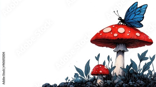 Watercolor illustration of a whimsical fairy perched on a mushroom photo