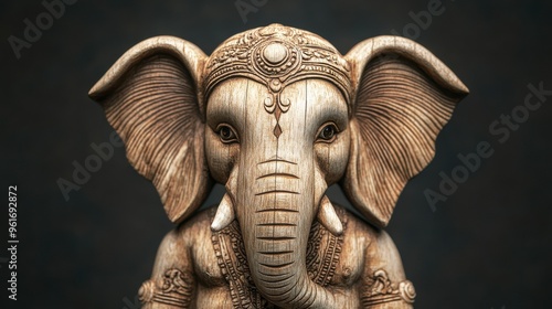 A beautifully crafted wooden elephant statue adorned with intricate details and traditional embellishments.