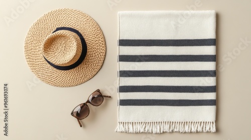 Stylish beach accessories including a straw hat, striped towel, and sunglasses for a perfect summer getaway. photo