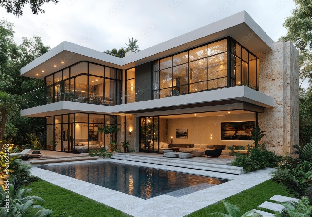 Modern house with garden and swimming pool. Created with Ai Modern house with garden and swimming pool. Created with Ai