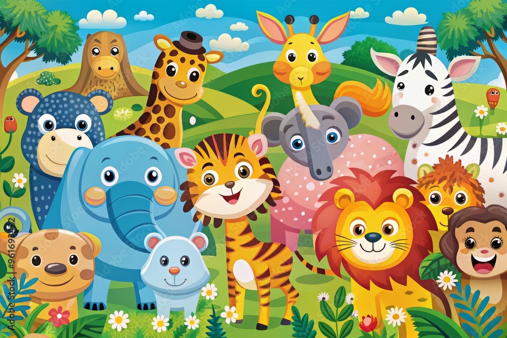 Obraz premium fun cartoon animal world design vector graphics bright colors playful mood serious