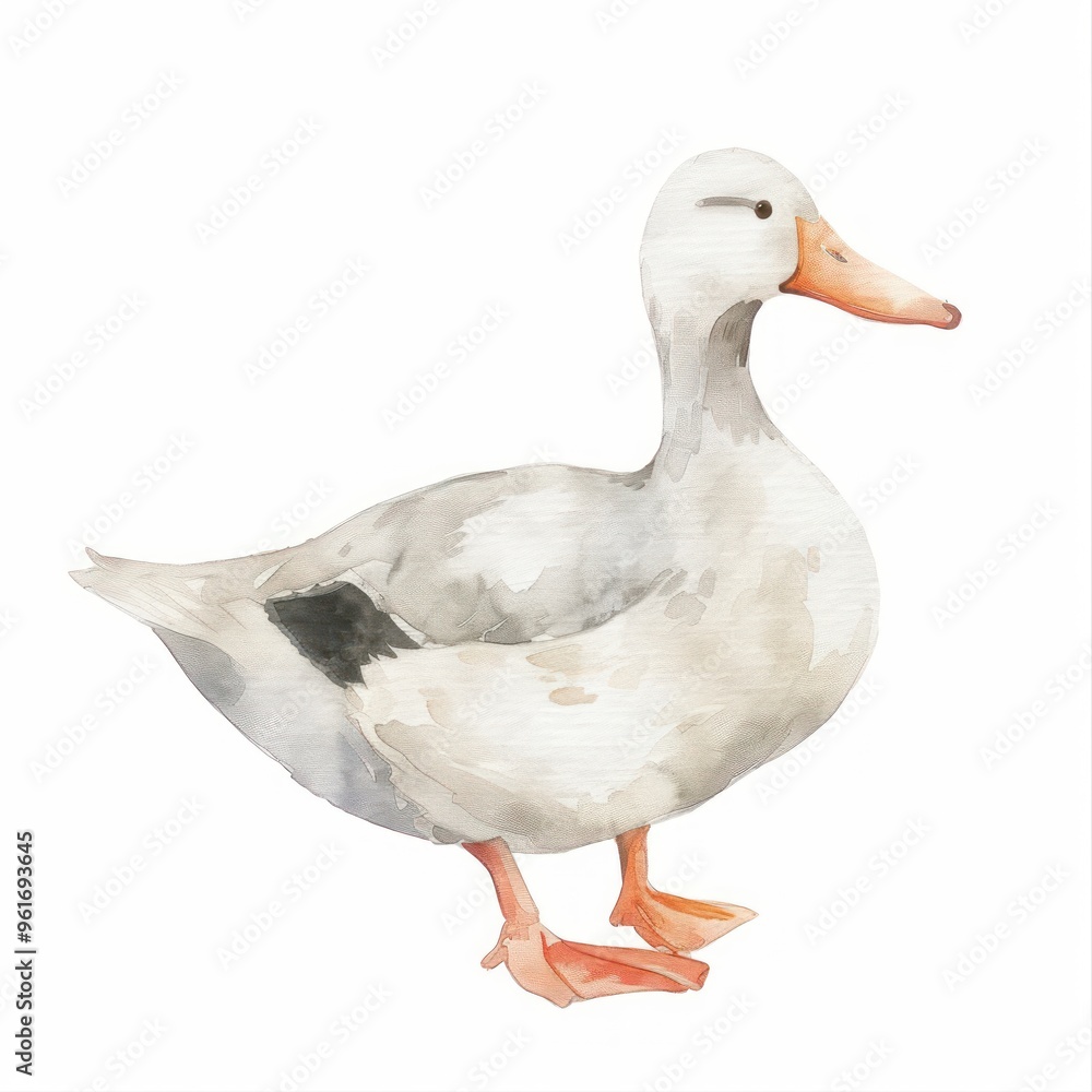Watercolor illustration of a white duck with an orange beak and webbed feet.