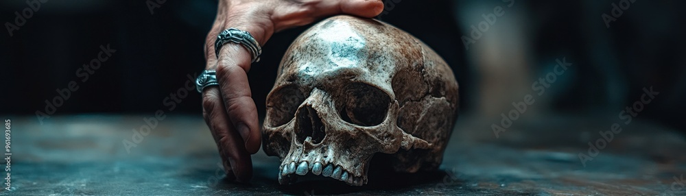 One hand with silver rings lightly touches the crown of a polished skull, the bone glowing under soft, clean lighting. One hand with silver rings lightly touches the crown of a polished skull, the bone glowing under soft, clean lighting.