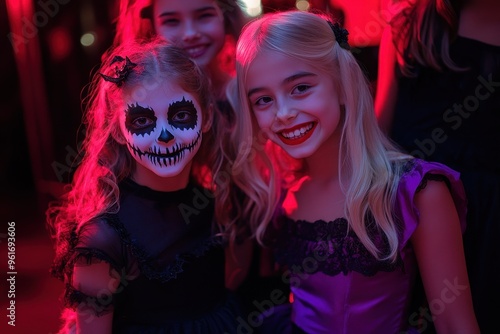 Two Young Girls in Halloween Costumes with Red Lighting