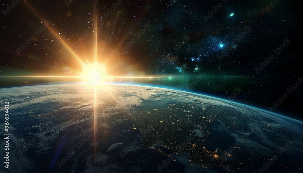 Sunrise over Earth viewed from space showcasing the planet's curvature and illuminated continents Sunrise over Earth viewed from space showcasing the planet's curvature and illuminated continents