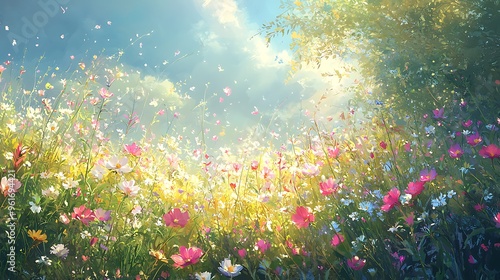 A sunny meadow with blooming wildflowers under a blue sky, capturing the essence of nature's beauty.