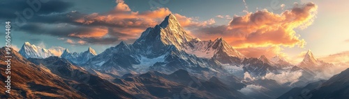 A serene mountain landscape at dusk, with the last rays of sunlight casting golden hues on snowcapped peaks photo