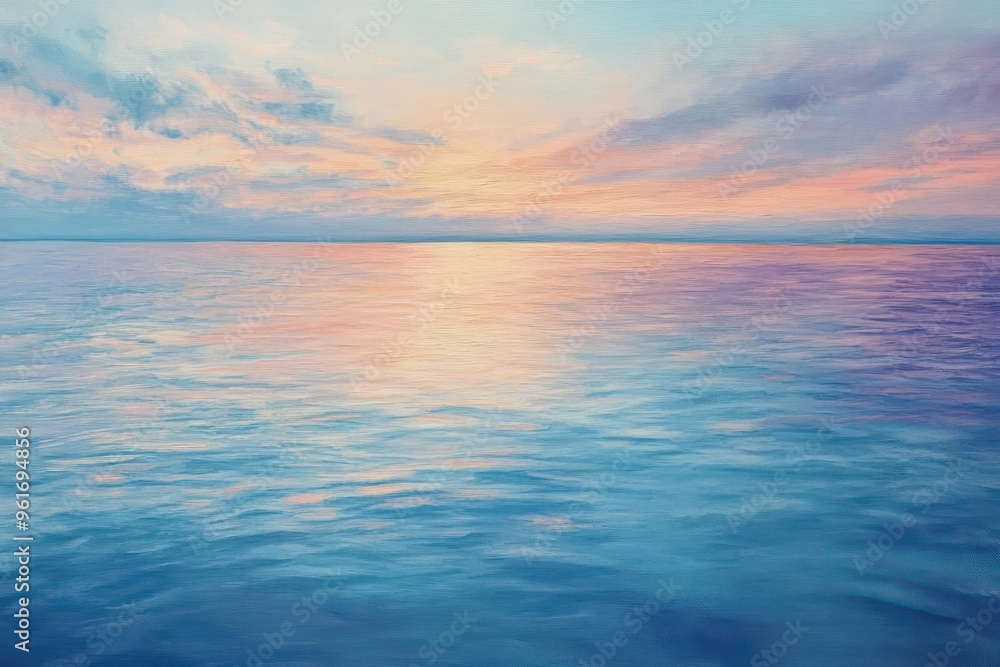A serene sunset over a quiet ocean, with the sky painted in soft pastel hues, reflecting on the waters surface A serene sunset over a quiet ocean, with the sky painted in soft pastel hues, reflecting on the waters surface