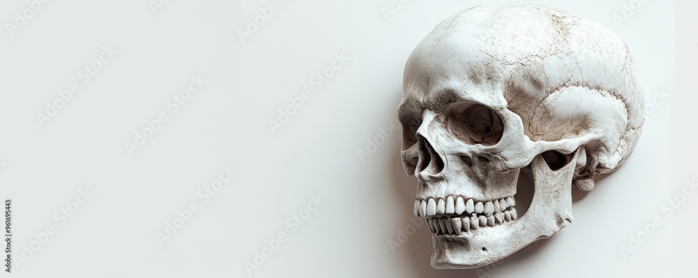 Naklejka premium Highly detailed 3D skull sculpt representing death, placed on an isolated pale white background with shadows