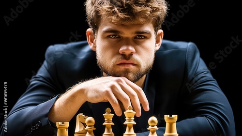 A focused chess player strategizes his next move, surrounded by classic wooden pieces in a dramatic light.