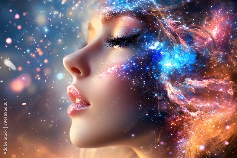 Woman's Face Surrounded by Galaxy Nebula. Woman's Face Surrounded by Galaxy Nebula.