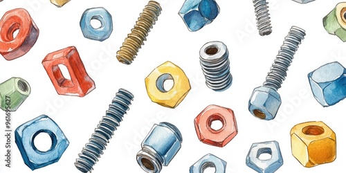 Colorful Illustrated Collection of Nuts and Bolts for Industrial Design and Tools