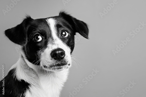 studio headshot portrait of black and white dog tilting head looking forward against a light gray background , ai