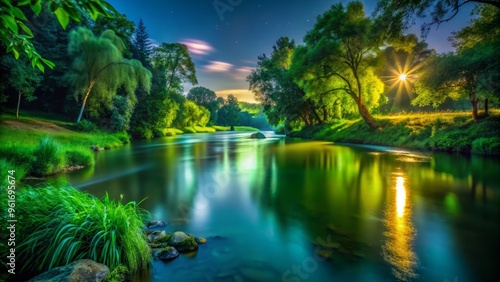 Gentle Riverbank Nighttime Water Nature Soft Focus Green