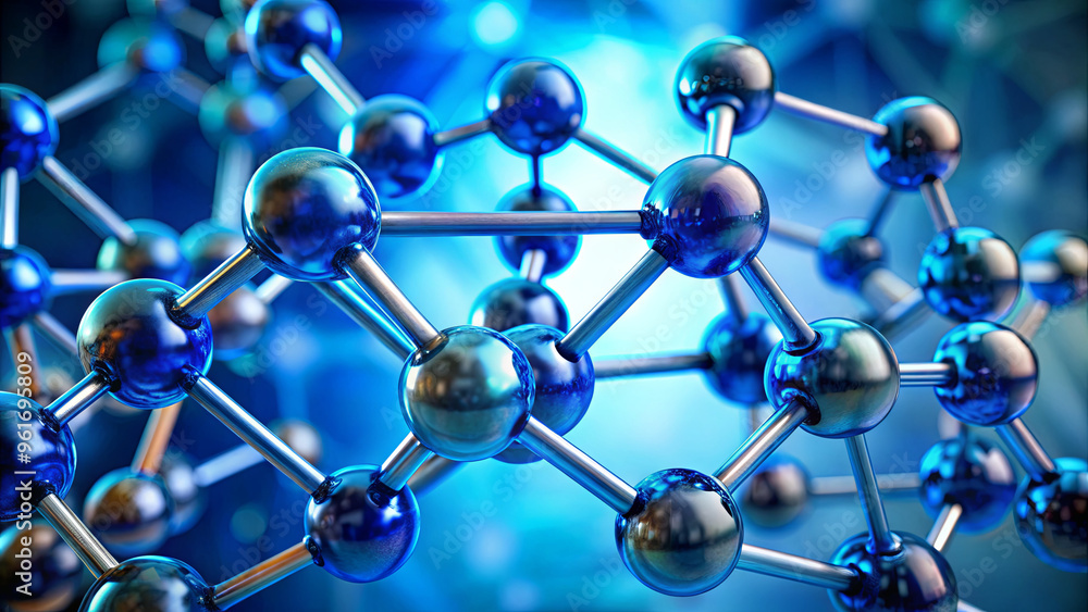 The visual highlights a complex arrangement of blue spheres connected by metallic structures, representing a molecular framework illuminated against a blue backdrop The visual highlights a complex arrangement of blue spheres connected by metallic structures, representing a molecular framework illuminated against a blue backdrop