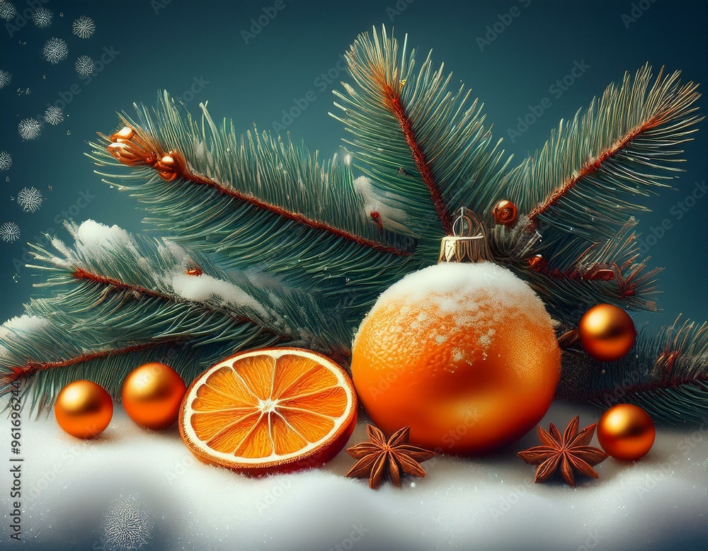 Tannenzweig, getrocknete Orangenscheiben, Dekoschnee, Weihnachtskugeln Tannenzweig, getrocknete Orangenscheiben, Dekoschnee, Weihnachtskugeln