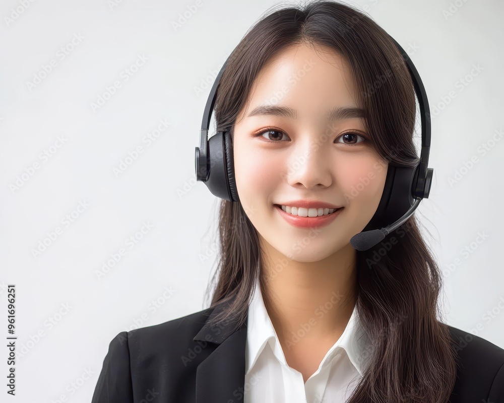 Young Asian woman in banker role, wearing headset, offering customer service, pure white background, remote banking assistance Young Asian woman in banker role, wearing headset, offering customer service, pure white background, remote banking assistance