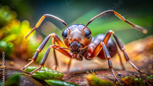 This close-up captures an ant in a lush forest, highlighting its features as it navigates through foliage, revealing the intricacies of its anatomy and natural habitat