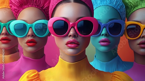 Fashionable women wear colorful clothing and sunglasses, blending style with bold, modern aesthetics.