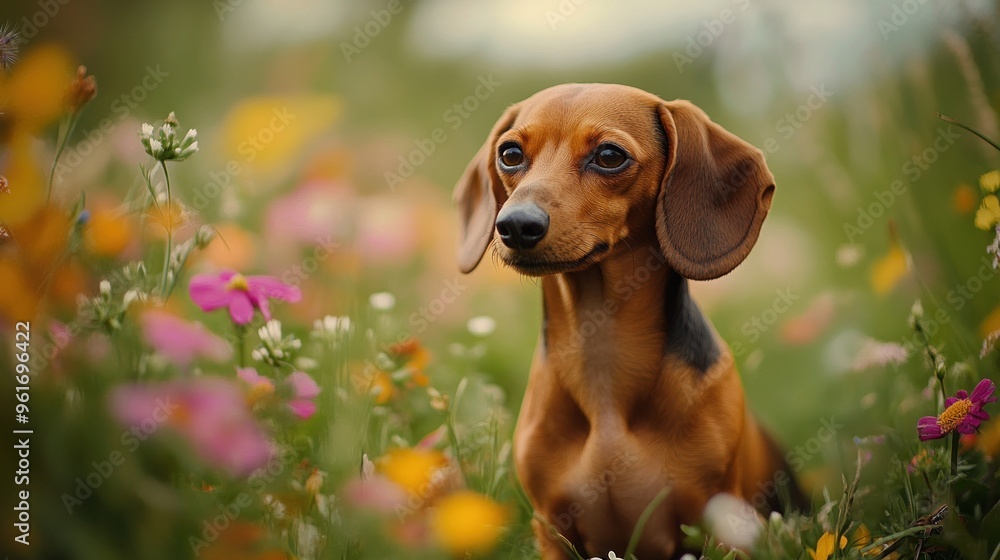 A dachshund sits gracefully among colorful wildflowers in a serene outdoor setting. A dachshund sits gracefully among colorful wildflowers in a serene outdoor setting.
