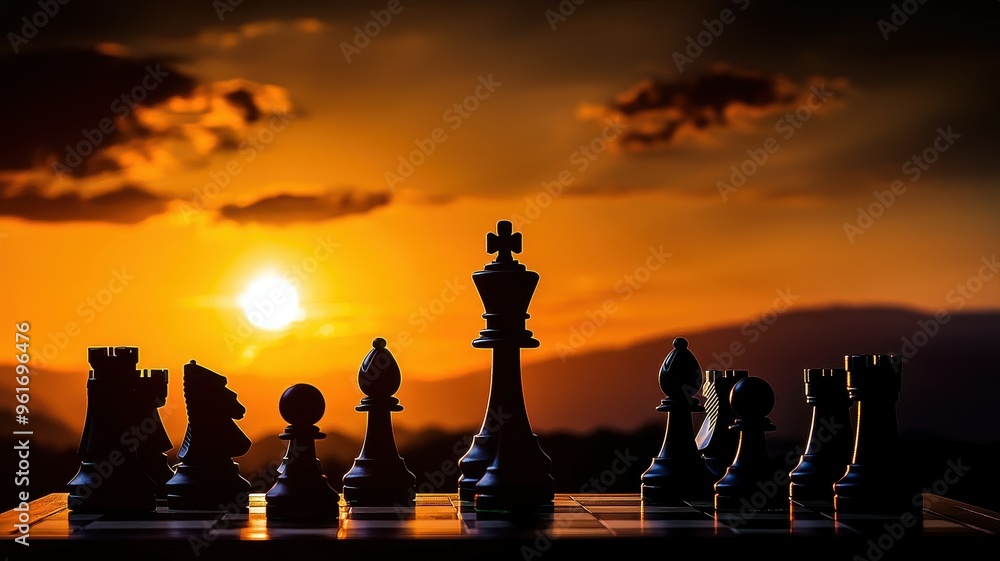 Stunning silhouette of chess pieces against a vibrant sunset, symbolizing strategy and competition in a beautiful setting. Stunning silhouette of chess pieces against a vibrant sunset, symbolizing strategy and competition in a beautiful setting.