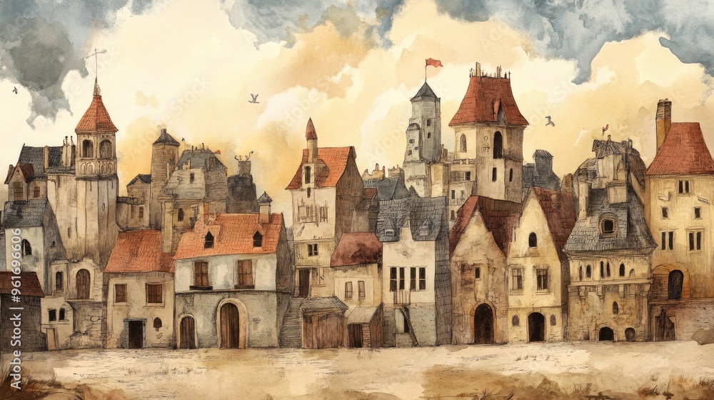 Naklejka premium Charming Medieval Townscape in Watercolor Style Capturing Timeless Architecture and Rustic Elegance