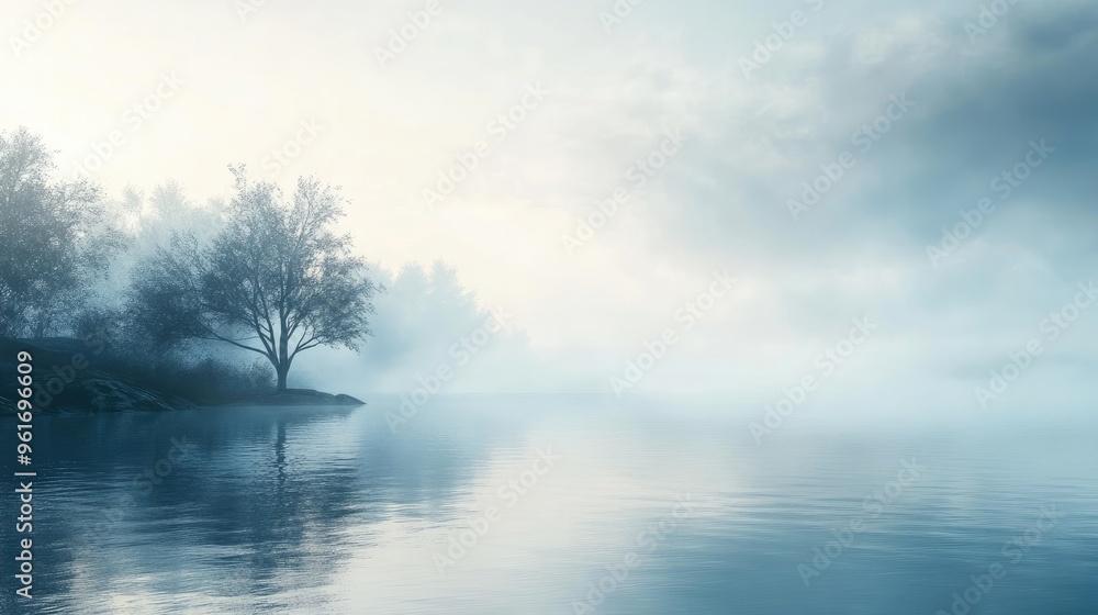 Misty morning over a calm lake, the soft light creating a serene and ethereal atmosphere. Misty morning over a calm lake, the soft light creating a serene and ethereal atmosphere.