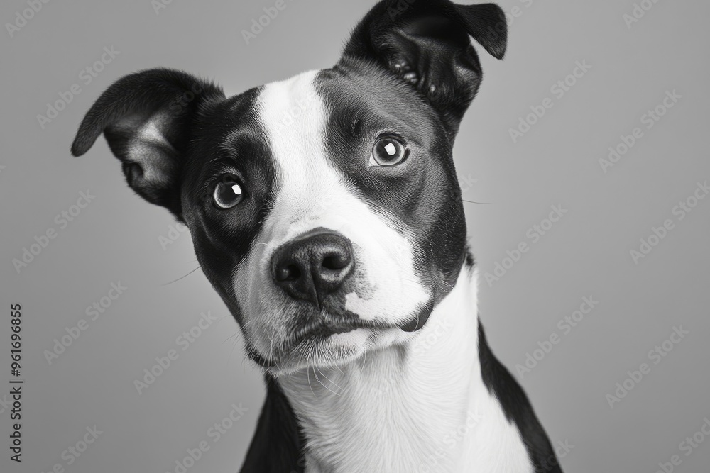 studio headshot portrait of black and white dog tilting head looking forward against a light gray background , ai studio headshot portrait of black and white dog tilting head looking forward against a light gray background , ai