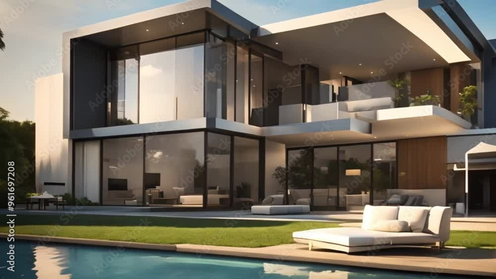 3D animation with a cubic modern house with garden and a lounge area by the pool 3D animation with a cubic modern house with garden and a lounge area by the pool