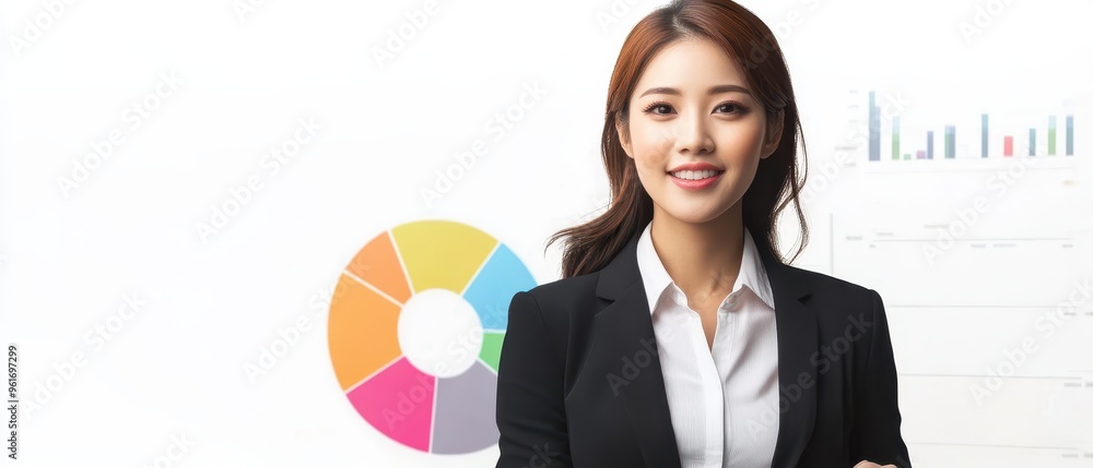 Asian banker woman presenting data charts, pure white background, formal business attire, corporate presentation theme Asian banker woman presenting data charts, pure white background, formal business attire, corporate presentation theme