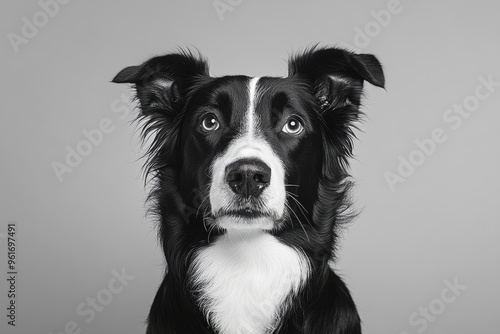 studio headshot portrait of black and white dog tilting head looking forward against a light gray background , ai