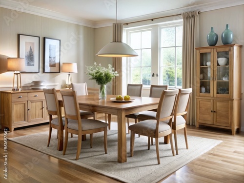 Elegant dining room showcases blonde wood furniture against a crisp white wall, with a stylish table, matching chairs,