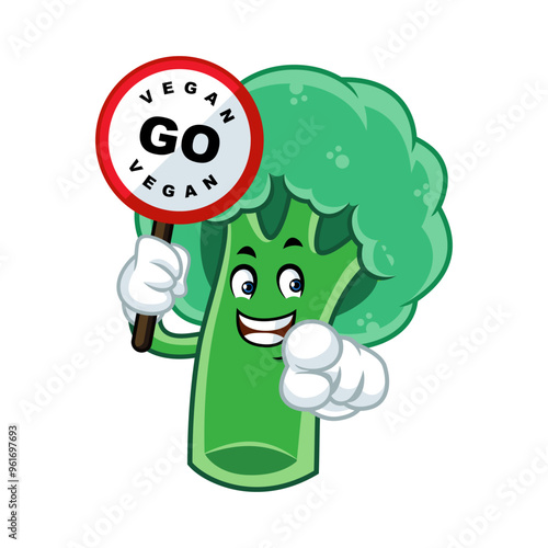 Cartoon broccoli mascot holding a sign that says "Go Vegan". Promoting a healthy vegan lifestyle.