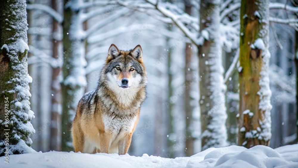 Obraz premium photo of wolf in snowly winter forest. wildlife nature photography 