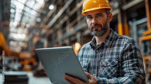 A professional engineer wearing a safety helmet works on a laptop within the industrial setting of a manufacturing plant, representing themes of technology, industry, and engineering.